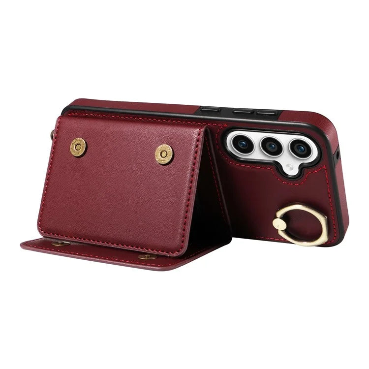 007 For Samsung Galaxy S23 FE Case Card Holder Ring Kickstand Leather Back Cover Crossbody Lanyard