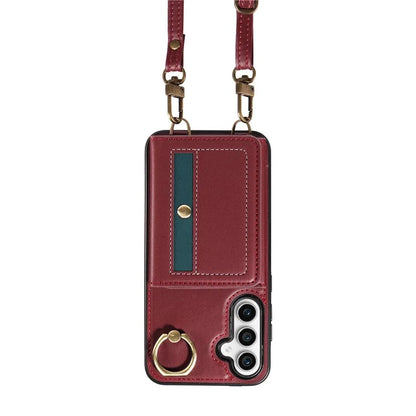 007 For Samsung Galaxy S23 FE Case Card Holder Ring Kickstand Leather Back Cover Crossbody Lanyard