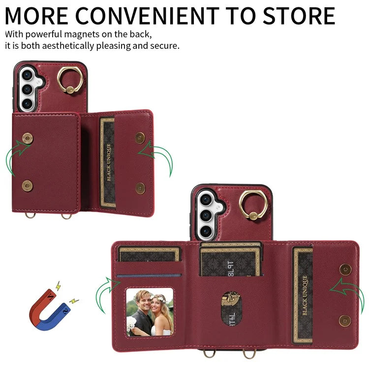 007 For Samsung Galaxy S23 FE Case Card Holder Ring Kickstand Leather Back Cover Crossbody Lanyard