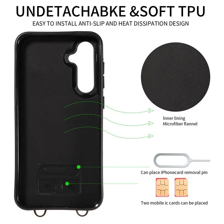 007 For Samsung Galaxy S23 FE Case Card Holder Ring Kickstand Leather Back Cover Crossbody Lanyard