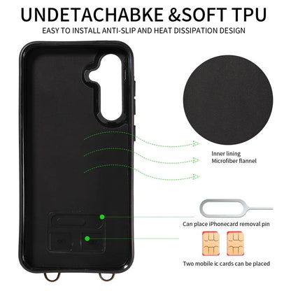 007 For Samsung Galaxy S23 FE Case Card Holder Ring Kickstand Leather Back Cover Crossbody Lanyard