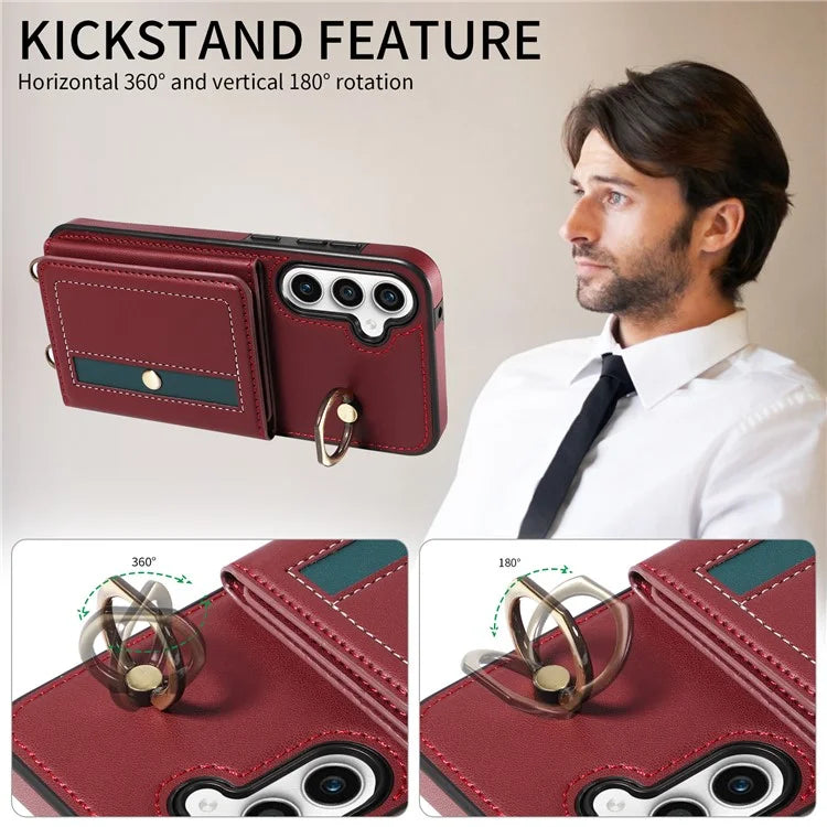 007 For Samsung Galaxy S23 FE Case Card Holder Ring Kickstand Leather Back Cover Crossbody Lanyard