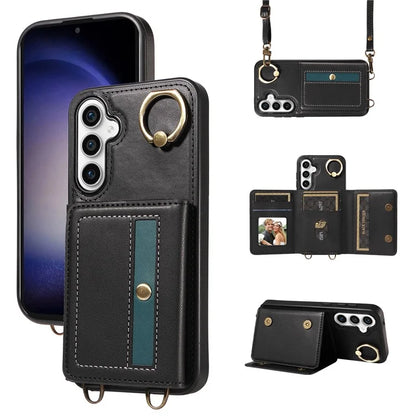 007 For Samsung Galaxy S23 FE Case Card Holder Ring Kickstand Leather Back Cover Crossbody Lanyard