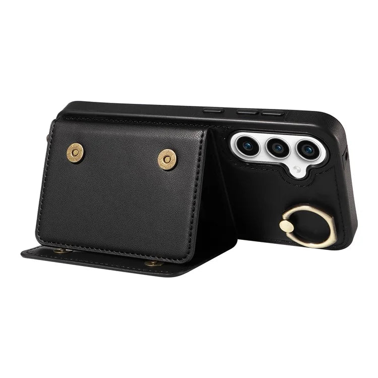 007 For Samsung Galaxy S23 FE Case Card Holder Ring Kickstand Leather Back Cover Crossbody Lanyard