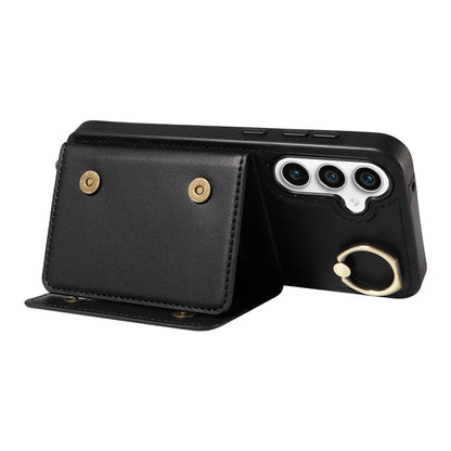 007 For Samsung Galaxy S23 FE Case Card Holder Ring Kickstand Leather Back Cover Crossbody Lanyard