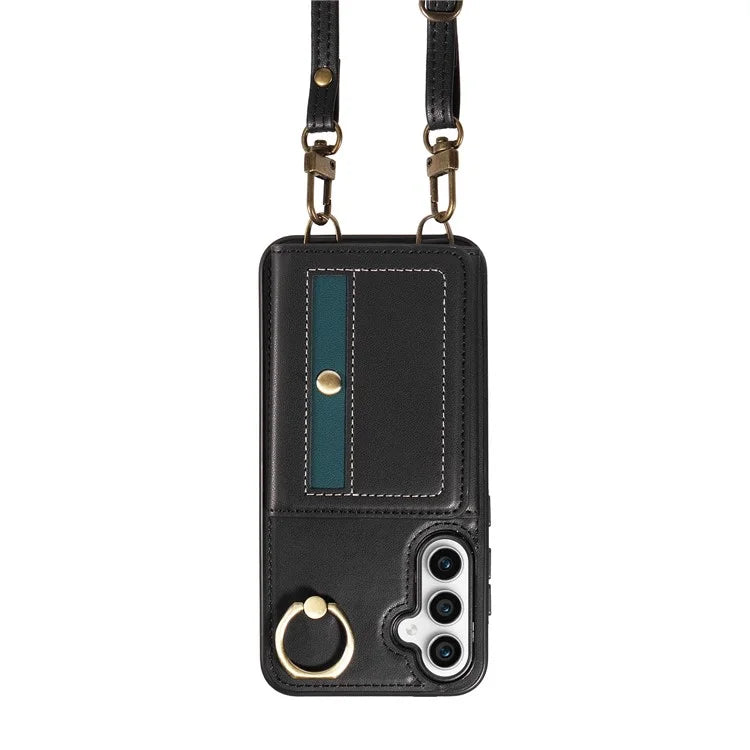 007 For Samsung Galaxy S23 FE Case Card Holder Ring Kickstand Leather Back Cover Crossbody Lanyard