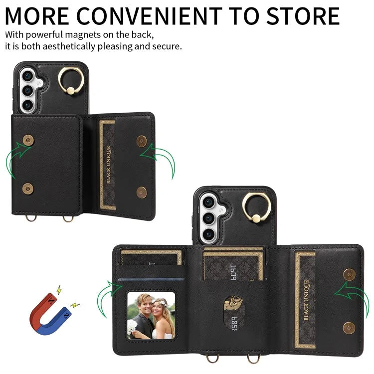 007 For Samsung Galaxy S23 FE Case Card Holder Ring Kickstand Leather Back Cover Crossbody Lanyard
