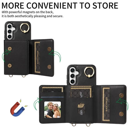 007 For Samsung Galaxy S23 FE Case Card Holder Ring Kickstand Leather Back Cover Crossbody Lanyard