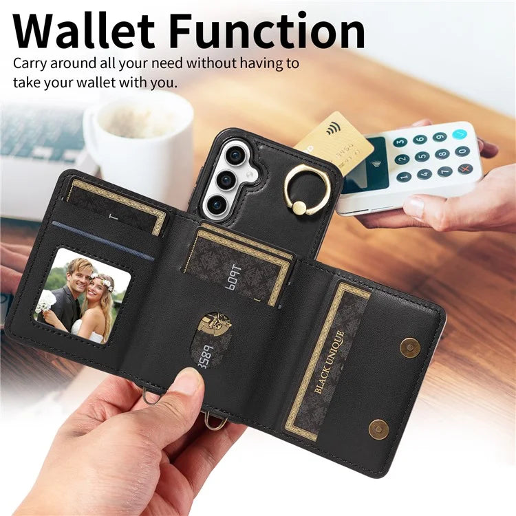 007 For Samsung Galaxy S23 FE Case Card Holder Ring Kickstand Leather Back Cover Crossbody Lanyard