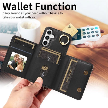 007 For Samsung Galaxy S23 FE Case Card Holder Ring Kickstand Leather Back Cover Crossbody Lanyard