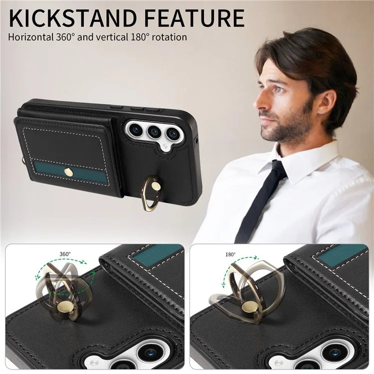 007 For Samsung Galaxy S23 FE Case Card Holder Ring Kickstand Leather Back Cover Crossbody Lanyard
