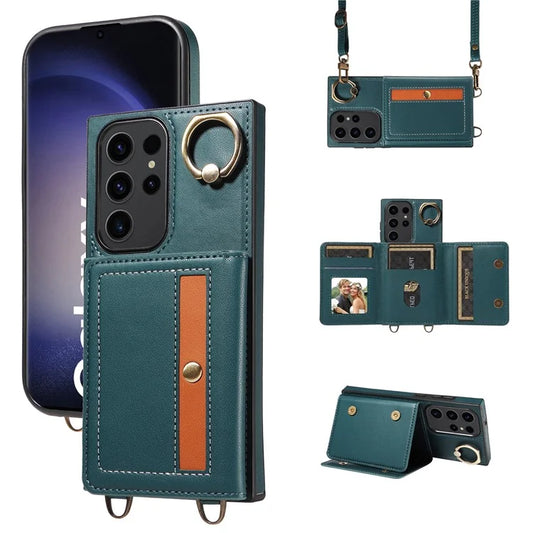 007 For Samsung Galaxy S23 Ultra Case Card Holder Leather Splicing Phone Cover with Detachable Lanyard