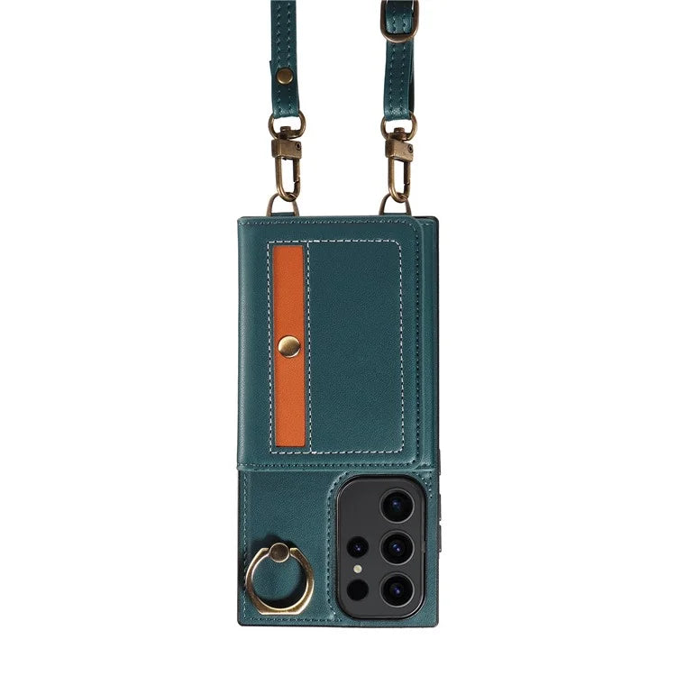 007 For Samsung Galaxy S23 Ultra Case Card Holder Leather Splicing Phone Cover with Detachable Lanyard