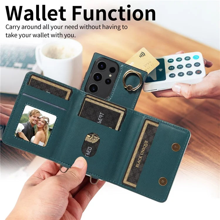 007 For Samsung Galaxy S23 Ultra Case Card Holder Leather Splicing Phone Cover with Detachable Lanyard