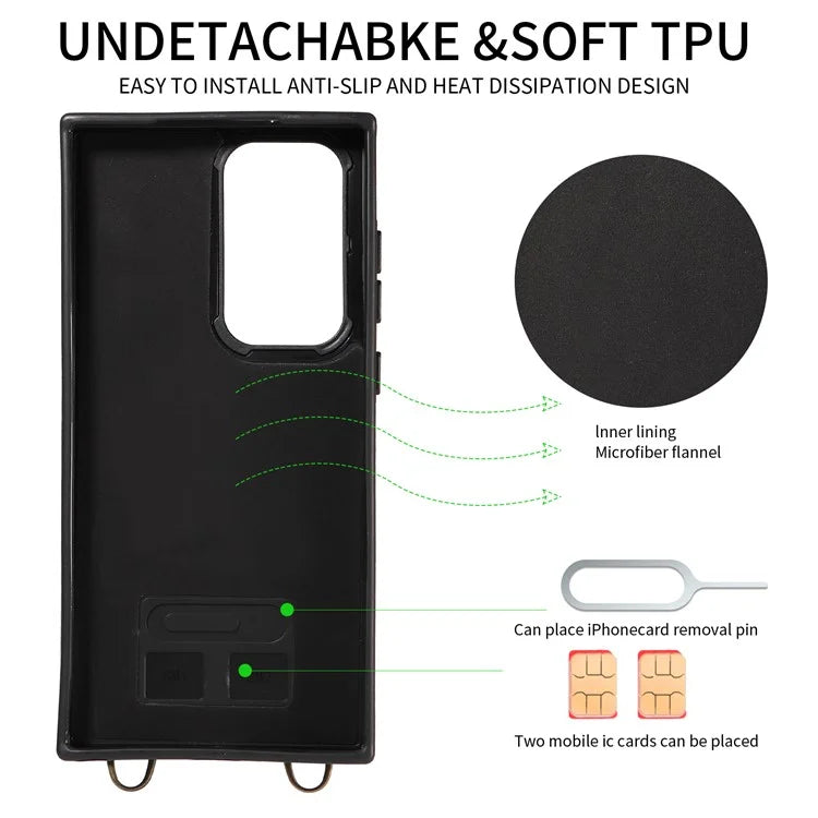 007 For Samsung Galaxy S23 Ultra Case Card Holder Leather Splicing Phone Cover with Detachable Lanyard