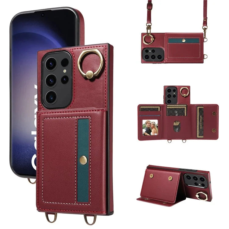 007 For Samsung Galaxy S23 Ultra Case Card Holder Leather Splicing Phone Cover with Detachable Lanyard