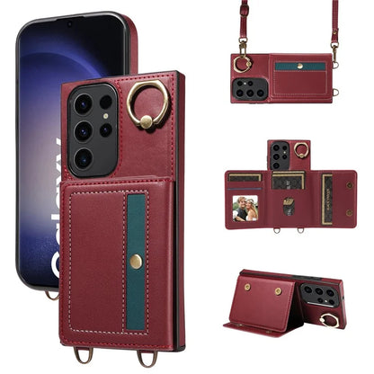 007 For Samsung Galaxy S23 Ultra Case Card Holder Leather Splicing Phone Cover with Detachable Lanyard