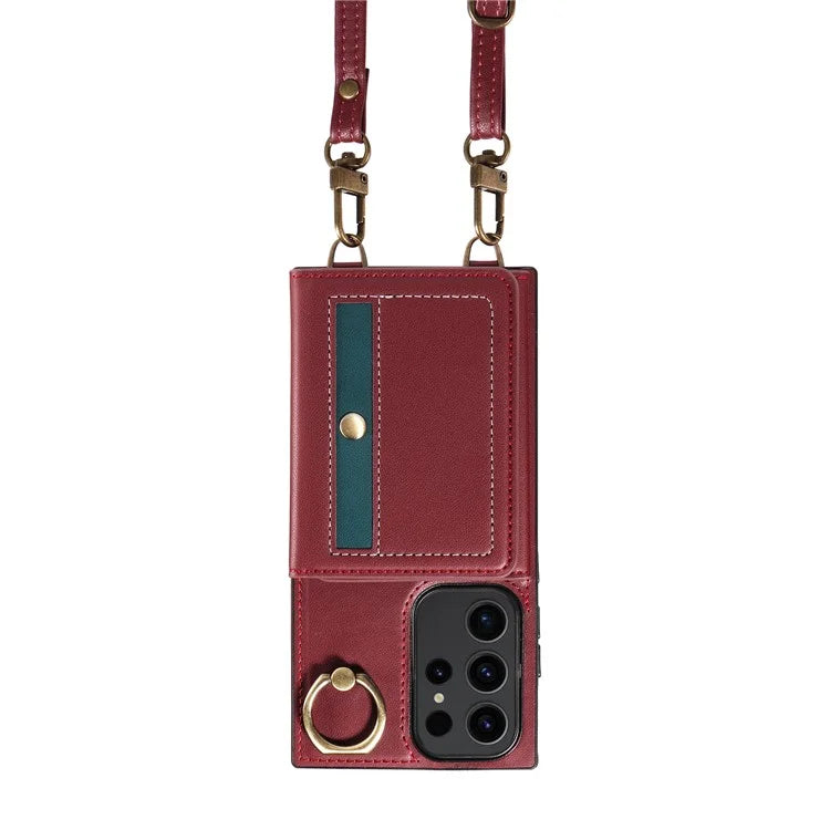 007 For Samsung Galaxy S23 Ultra Case Card Holder Leather Splicing Phone Cover with Detachable Lanyard