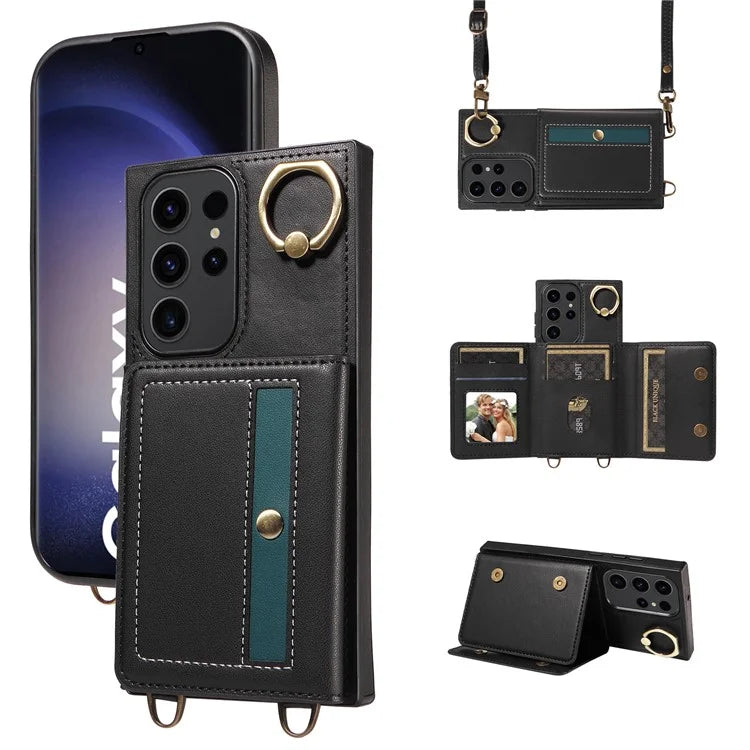 007 For Samsung Galaxy S23 Ultra Case Card Holder Leather Splicing Phone Cover with Detachable Lanyard
