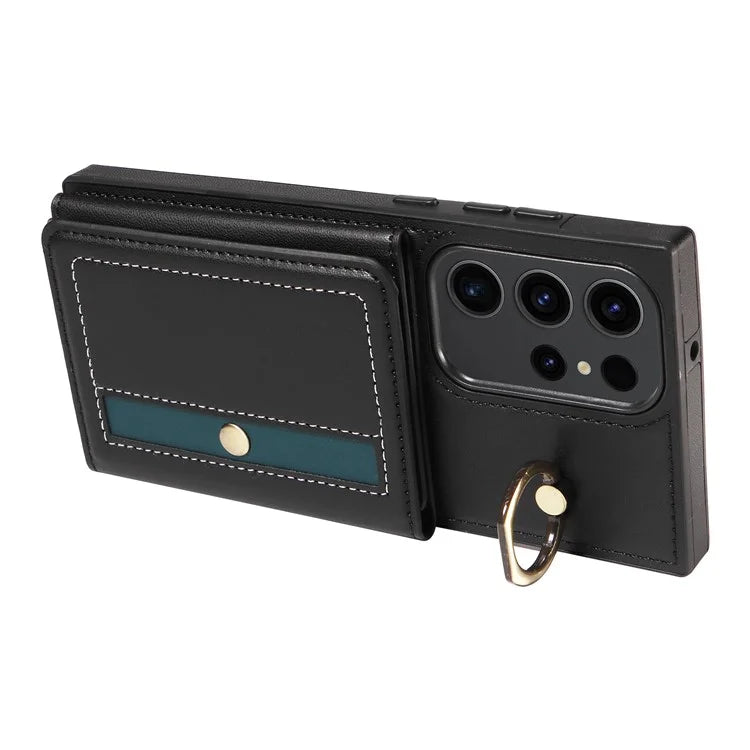 007 For Samsung Galaxy S23 Ultra Case Card Holder Leather Splicing Phone Cover with Detachable Lanyard