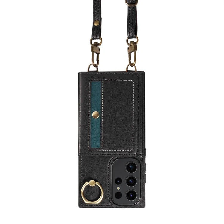 007 For Samsung Galaxy S23 Ultra Case Card Holder Leather Splicing Phone Cover with Detachable Lanyard