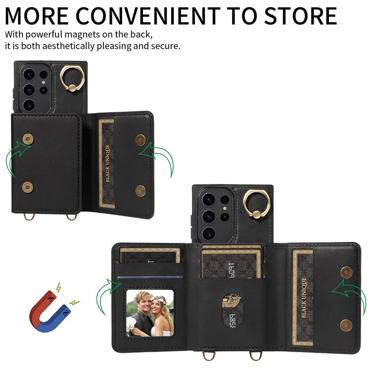007 For Samsung Galaxy S23 Ultra Case Card Holder Leather Splicing Phone Cover with Detachable Lanyard