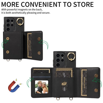 007 For Samsung Galaxy S23 Ultra Case Card Holder Leather Splicing Phone Cover with Detachable Lanyard