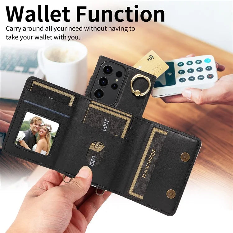 007 For Samsung Galaxy S23 Ultra Case Card Holder Leather Splicing Phone Cover with Detachable Lanyard