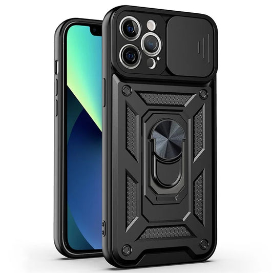 For iPhone 11 Pro Max Case Kickstand PC+TPU Phone Cover with Slide Camera Lid