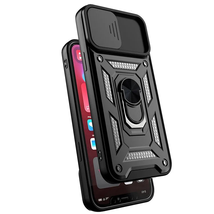 For iPhone 11 Pro Max Case Kickstand PC+TPU Phone Cover with Slide Camera Lid