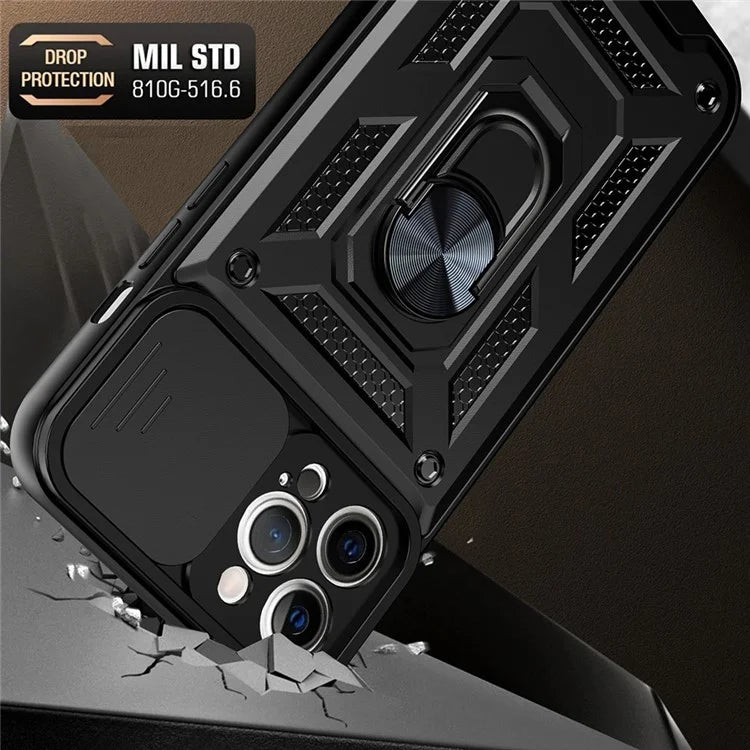 For iPhone 11 Pro Max Case Kickstand PC+TPU Phone Cover with Slide Camera Lid