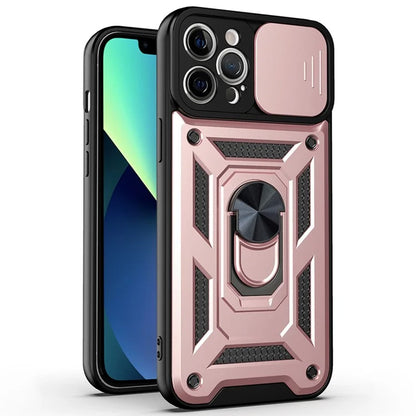 For iPhone 11 Pro Max Case Kickstand PC+TPU Phone Cover with Slide Camera Lid