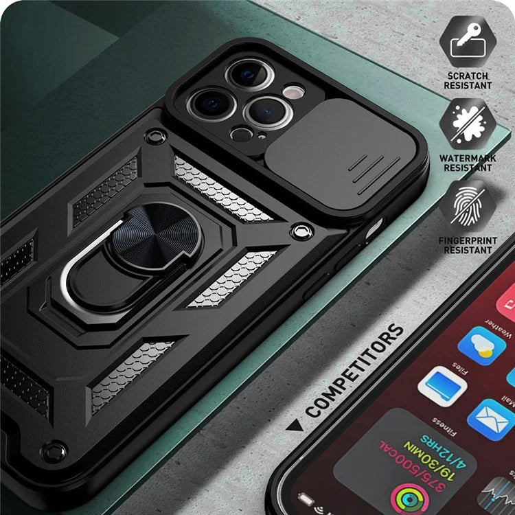 For iPhone 11 Pro Max Case Kickstand PC+TPU Phone Cover with Slide Camera Lid