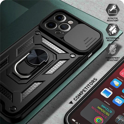 For iPhone 11 Pro Max Case Kickstand PC+TPU Phone Cover with Slide Camera Lid