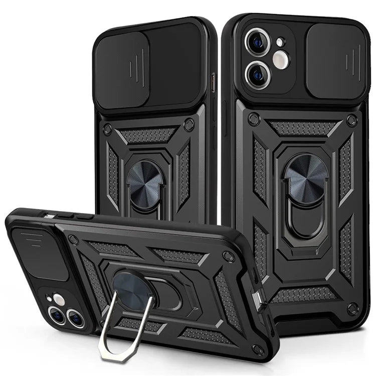 For iPhone 11 Case with Slide Camera Lid PC+TPU Kickstand Phone Cover