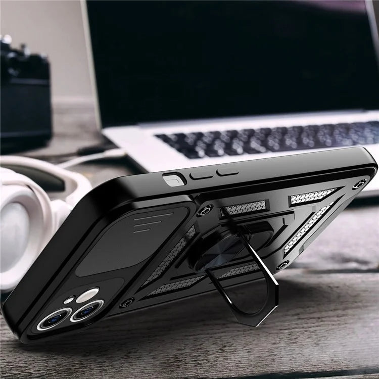 For iPhone 11 Case with Slide Camera Lid PC+TPU Kickstand Phone Cover