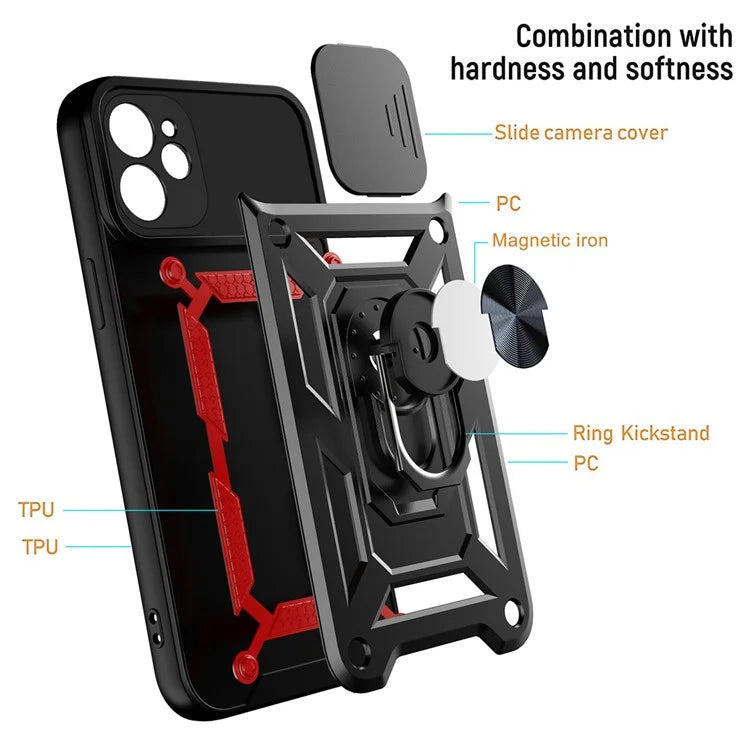 For iPhone 11 Case with Slide Camera Lid PC+TPU Kickstand Phone Cover