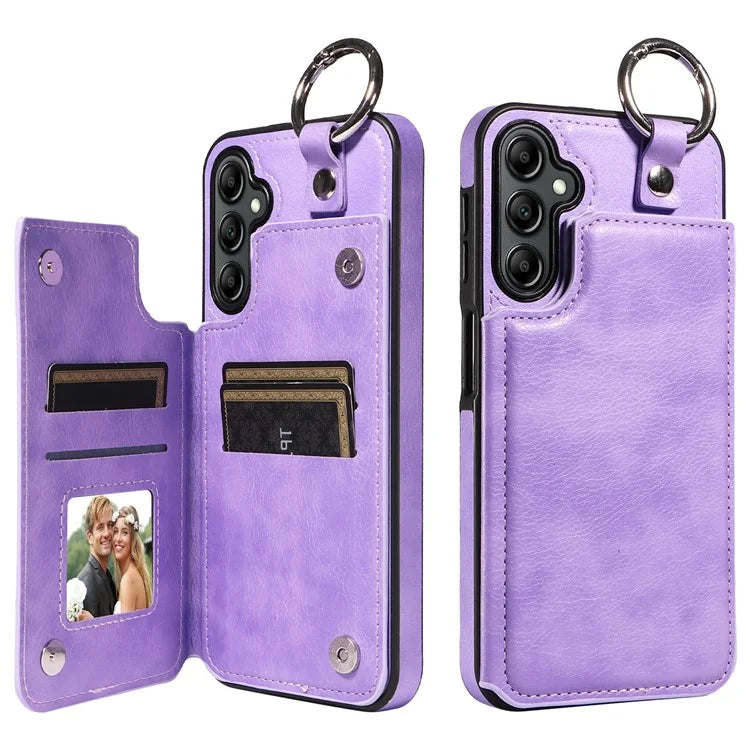 003 For Samsung Galaxy A14 4G / 5G Case with Card Holder Ring Buckle Protective Leather Back Cover