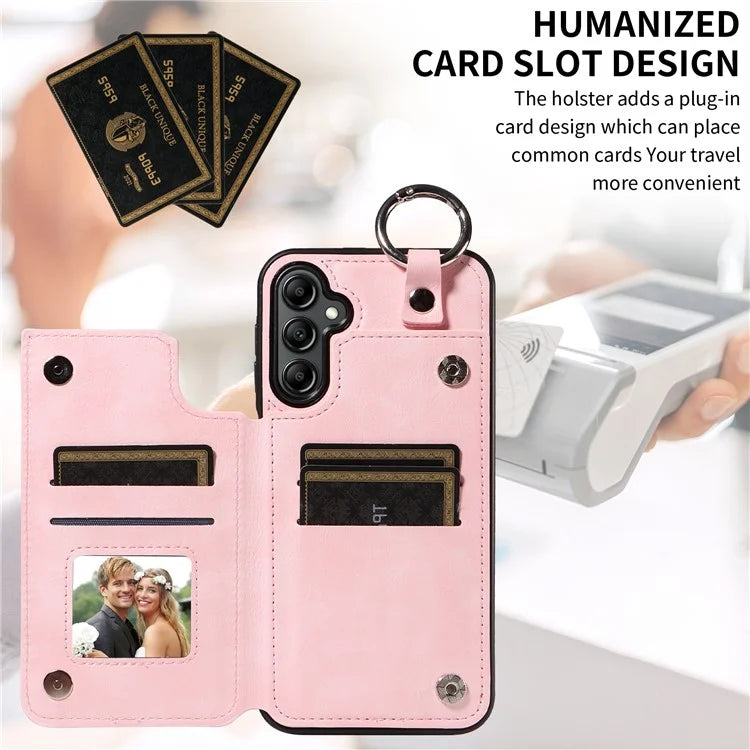 003 For Samsung Galaxy A14 4G / 5G Case with Card Holder Ring Buckle Protective Leather Back Cover