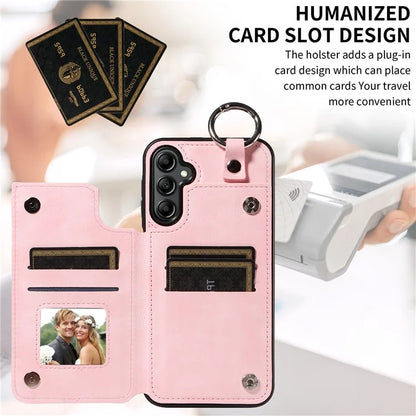 003 For Samsung Galaxy A14 4G / 5G Case with Card Holder Ring Buckle Protective Leather Back Cover