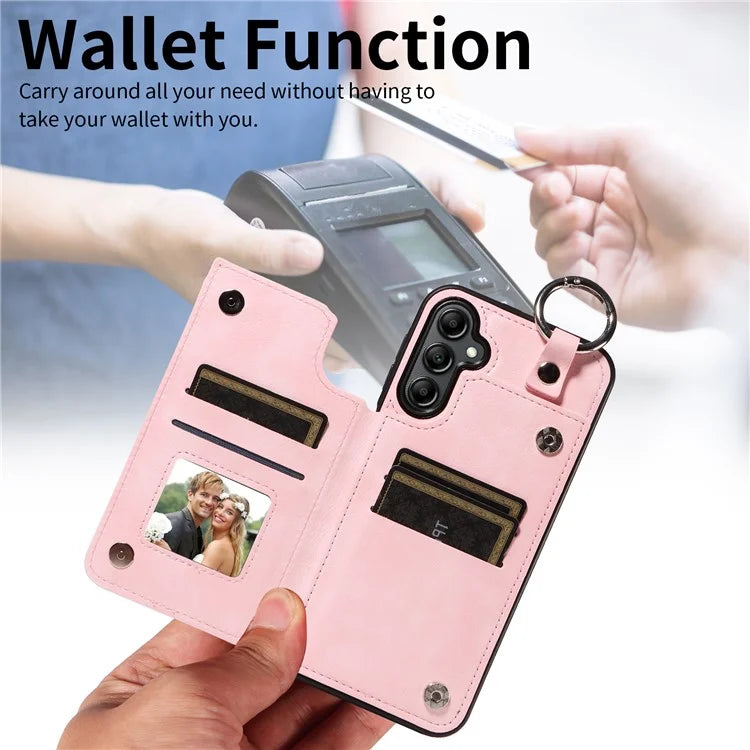 003 For Samsung Galaxy A14 4G / 5G Case with Card Holder Ring Buckle Protective Leather Back Cover