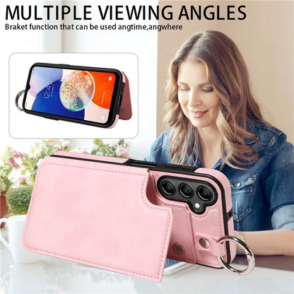 003 For Samsung Galaxy A14 4G / 5G Case with Card Holder Ring Buckle Protective Leather Back Cover