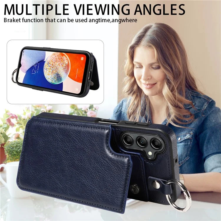 003 For Samsung Galaxy A14 4G / 5G Case with Card Holder Ring Buckle Protective Leather Back Cover