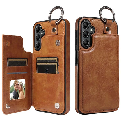 003 For Samsung Galaxy A14 4G / 5G Case with Card Holder Ring Buckle Protective Leather Back Cover