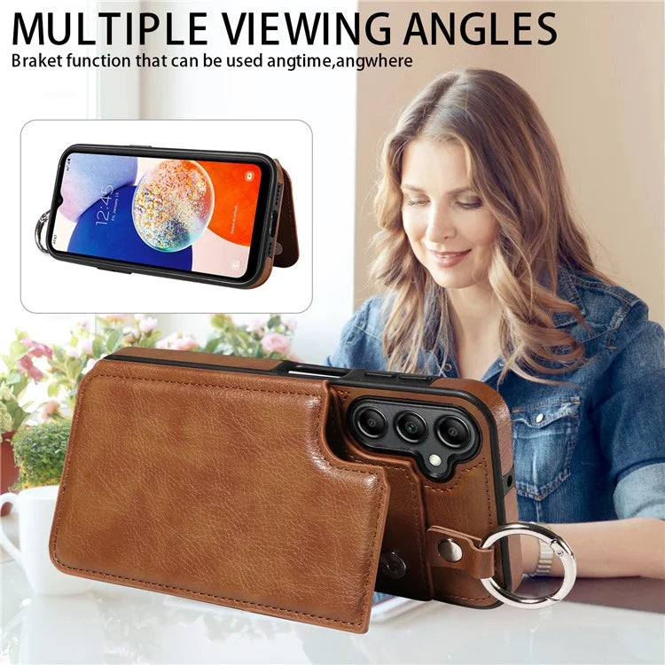 003 For Samsung Galaxy A14 4G / 5G Case with Card Holder Ring Buckle Protective Leather Back Cover