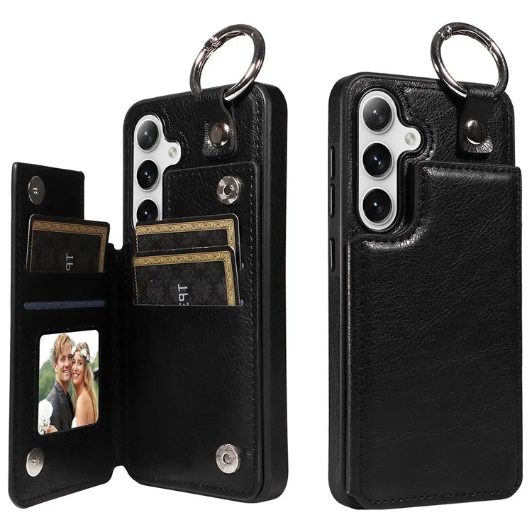 003 For Samsung Galaxy S24 Case Card Holder Leather Litchi Texture Phone Cover Ring Buckle
