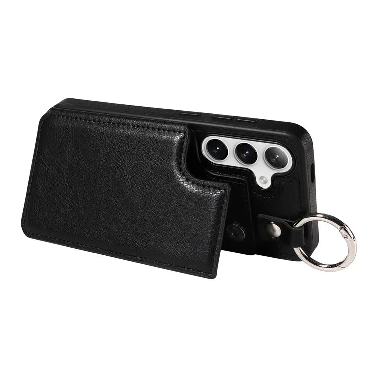003 For Samsung Galaxy S24 Case Card Holder Leather Litchi Texture Phone Cover Ring Buckle