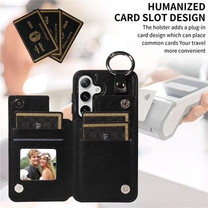 003 For Samsung Galaxy S24 Case Card Holder Leather Litchi Texture Phone Cover Ring Buckle