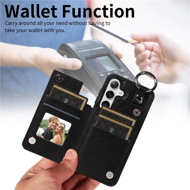 003 For Samsung Galaxy S24 Case Card Holder Leather Litchi Texture Phone Cover Ring Buckle