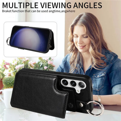 003 For Samsung Galaxy S24 Case Card Holder Leather Litchi Texture Phone Cover Ring Buckle